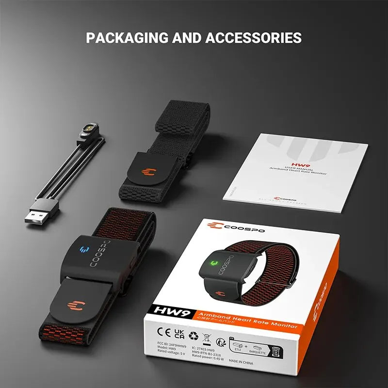 COOSPO HW9 - Braçadeira Monitora de Frequência Cardiaca - Zonas de FC/Calorias Sensor HRM.